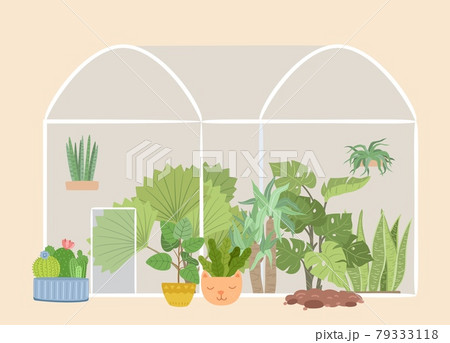 Glass greenhouse garden. Plants gardening, green tree and bushes. Succulents flower bed, botanical plantation, urban rustic jungle vector concept Glass greenhouse garden. Plants gardening, green tree and bushes. Succulents flower bed, botanical plantation, urban rustic jungle vector concept 79333118