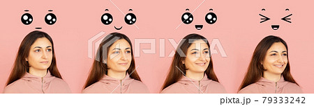 Evolution of emotions. Latino woman's portrait isolated over pinkl studio background 79333242