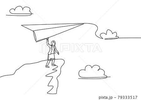Continuous one line drawing young female worker fly paper plane from top cliff edge. Success business manager. Metaphor minimalist concept. Trendy single line draw design vector graphic illustration Continuous one line drawing young female worker fly paper plane from top cliff edge. Success business manager. Metaphor minimalist concept. Trendy single line draw design vector graphic illustration 79333517