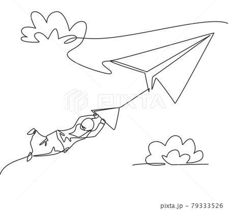 Single one line drawing of young Arabian business woman hanging on paper airplane. Business challenge minimal metaphor concept. Modern continuous line draw design graphic vector illustration 79333526