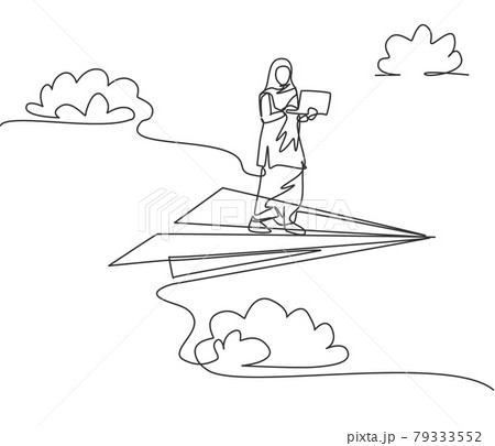 Single one line drawing of young Arab business woman holding laptop on flying paper plane. Business challenge. Minimal metaphor concept. Modern continuous line draw design graphic vector illustration 79333552