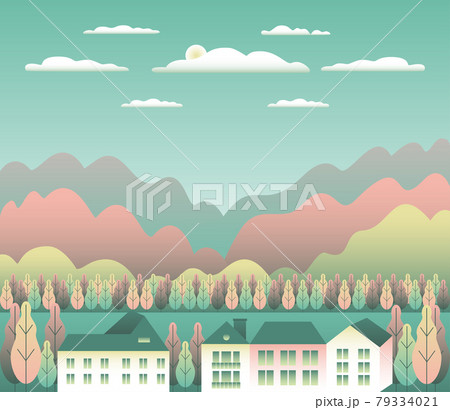 Minimal landscape village, mountains, hills,... - Stock Illustration  [79334021] - PIXTA