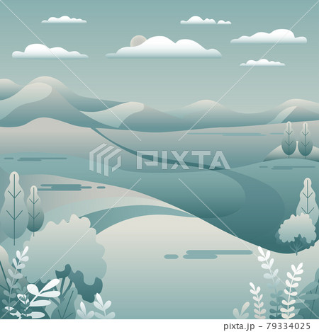 Hills, mountains landscape in flat style design. Road in the hills, sky, clouds. Minimal outdoor rural location with valley, trees. Grey blue pastel colors gradient. Cartoon background vector illustra 79334025