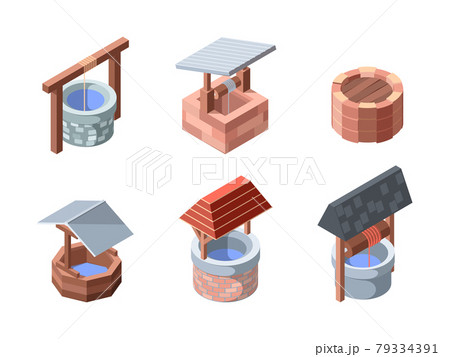 Water wellness isometric. Outdoor garden oasis with rocks bricks beverage well garish vector illustration set 3d 79334391