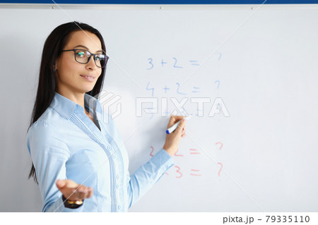 Woman teacher standing at blackboard with formulas and explaining information Woman teacher standing at blackboard with formulas and explaining information 79335110
