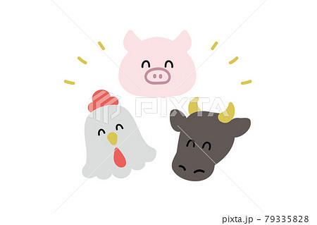 お肉トリオ 笑顔の牛と豚と鶏のイラスト素材
