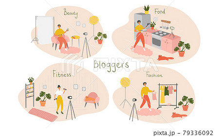 Set of bloggers and vloggers characters making internet content. Beauty, food, fitness, fashion bloggers. Influencers shooting vlog. Vector cartoon illustration 79336092