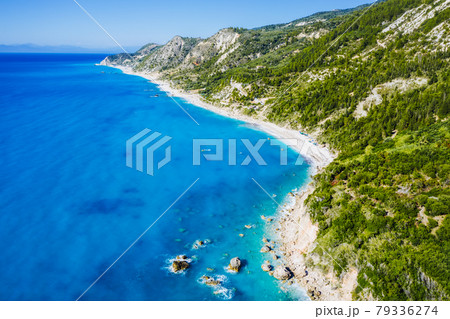 Aerial view of Lefkada coastline. Beautiful beaches, mountains, cypress and pine tree vegetation. Ionian Sea, Greece. 79336274
