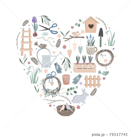 Colorful vector heart made of cute funny garden tools, clothes and vegetables. Can be used for fabrics, wallpapers, patterns, stickers, cards, design and decoration. Colorful vector heart made of cute funny garden tools, clothes and vegetables. Can be used for fabrics, wallpapers, patterns, stickers, cards, design and decoration. 79337745
