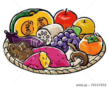 手描き風カゴに盛られた秋の食べ物のイラスト素材