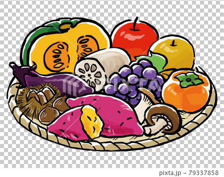 手描き風カゴに盛られた秋の食べ物のイラスト素材