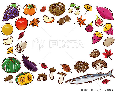 手描き風秋の食べ物フレームのイラスト素材