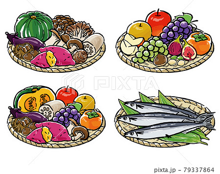 手描き風カゴに盛られた秋の食べ物のイラスト素材