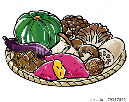 手描き風カゴに盛られた秋の野菜のイラスト素材