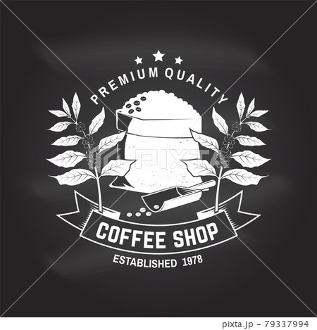 Coffe shop logo, badge on the chalkboard. Vector . Typography design with bag with coffee beans and branch of coffee tree silhouette. Template for menu for restaurant, cafe, bar, packaging 79337994
