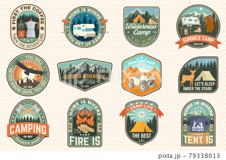 Set of rv camping badges, patches. Vector Concept for shirt or logo, print, stamp or tee. Vintage typography design with RV Motorhome, camping trailer and off-road car silhouette. 79338013