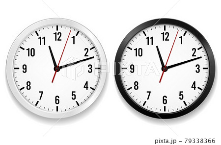 Office clock realistic. Round watches with time arrows and black or white face, wall hanging element with second, hour and minute pointer, interior decor object isolated 3d vector illustration Office clock realistic. Round watches with time arrows and black or white face, wall hanging element with second, hour and minute pointer, interior decor object isolated 3d vector illustration 79338366
