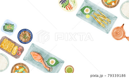 日本の朝食(和食)食卓風景の手描き水彩風イラスト 日本の朝食(和食)食卓風景の手描き水彩風イラスト 79339186