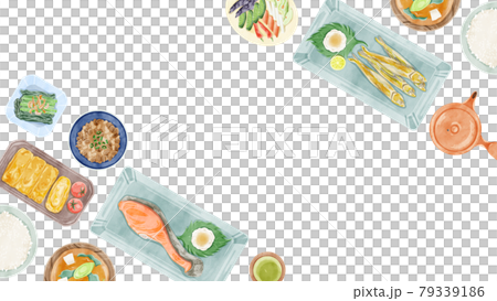 日本の朝食(和食)食卓風景の手描き水彩風イラスト 日本の朝食(和食)食卓風景の手描き水彩風イラスト 79339186