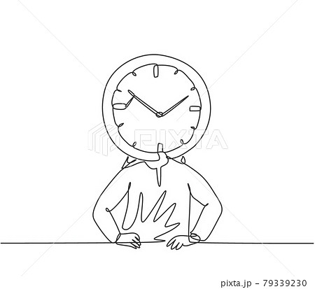Single one line drawing of young Arabian business man with analog clock head at the office. Business time discipline metaphor concept. Modern continuous line draw design graphic vector illustration. Single one line drawing of young Arabian business man with analog clock head at the office. Business time discipline metaphor concept. Modern continuous line draw design graphic vector illustration. 79339230