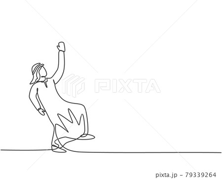Single one line drawing of young Arabian business man swinging on the sky to reach up his goals. Business challenge minimal metaphor concept. Continuous line draw design graphic vector illustration. Single one line drawing of young Arabian business man swinging on the sky to reach up his goals. Business challenge minimal metaphor concept. Continuous line draw design graphic vector illustration. 79339264