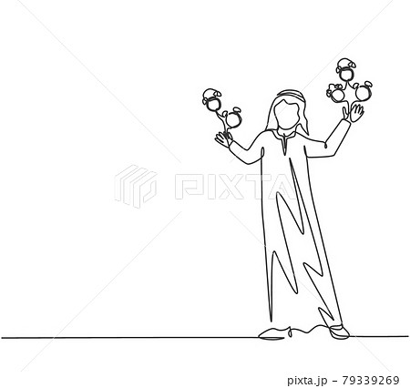 Continuous one line drawing young Arab male worker juggling alarm analog clock with his hand. Business time discipline metaphor concept. Single line draw design vector graphic illustration. 79339269