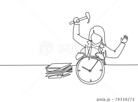 Continuous one line drawing stressful business woman hit the alarm clock with hammer. Minimalism metaphor business deadline concept. Single line draw design vector graphic illustration. Continuous one line drawing stressful business woman hit the alarm clock with hammer. Minimalism metaphor business deadline concept. Single line draw design vector graphic illustration. 79339273