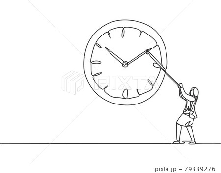 Single one line drawing of young business woman pulling clockwise of big analog wall clock with rope. Time management minimalist concept. Continuous line draw design graphic vector illustration. 79339276