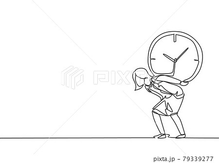 Single one line drawing of young business woman shouldered heavy big analog clock with her back. Business challenge minimal metaphor concept. Continuous line draw design graphic vector illustration. 79339277