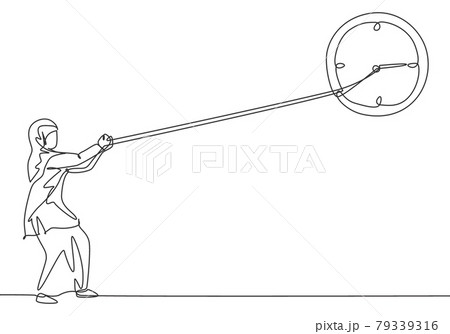 Continuous one line drawing young Arab female worker pulling clockwise of big analog wall clock with rope. Time management minimalist concept. Single line draw design vector graphic illustration. Continuous one line drawing young Arab female worker pulling clockwise of big analog wall clock with rope. Time management minimalist concept. Single line draw design vector graphic illustration. 79339316