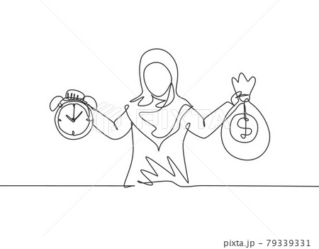 Continuous one line drawing young Arab female worker holding money bag and alarm clock with her hands. Minimalism metaphor business concept. Single line draw design vector graphic illustration. Continuous one line drawing young Arab female worker holding money bag and alarm clock with her hands. Minimalism metaphor business concept. Single line draw design vector graphic illustration. 79339331