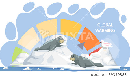 Walruses and polar bird on melting due to rise in temperature ice floe. Indicator of global warming 79339383