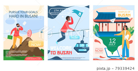 Businessman works in Busan in South Korea. Traveler flies on trip to Asia, woman stands near temple 79339424