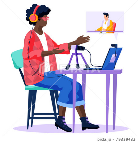Woman with computer is watching broadcast, recording voice into microphone in radio station Woman with computer is watching broadcast, recording voice into microphone in radio station 79339432