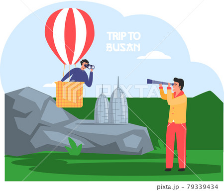 Trip to Busan travel poster with man in hot air balloon looks through binocular in South Korea Trip to Busan travel poster with man in hot air balloon looks through binocular in South Korea 79339434