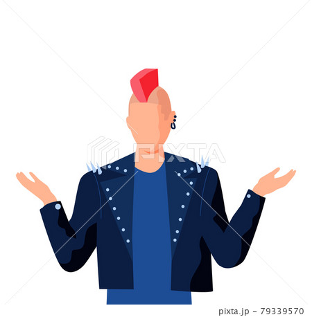 Professional rock performer with red mohawk. Musician in leather jacket spreads his arms to sides 79339570