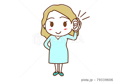 <全身・正面>耳よりな情報を笑顔で聞く白人女性 <全身・正面>耳よりな情報を笑顔で聞く白人女性 79339606