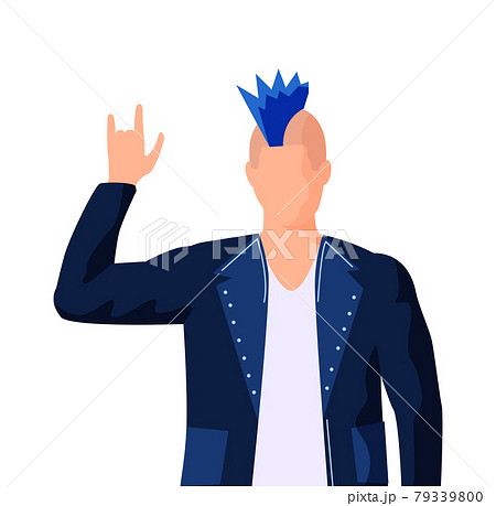 Professional rock performer with blue mohawk. Musician in leather jacket spreads his arms to sides 79339800