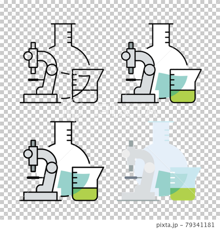 顕微鏡とフラスコとビーカー 実験器具 手描きと基本線とフラットな塗りのセットのイラスト素材