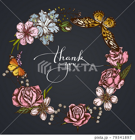 Dark Floral Wreath of shepherd s purse, heather, iris japonica, sakura, gypsophila, almond, african 79341897
