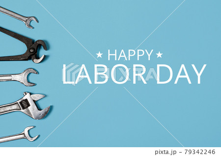 Happy labor day concept. Banner with Different wrenches on blue background 79342246