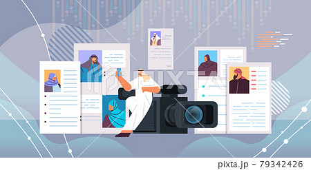 arab hr manager with video camera choosing resume curriculum vitae with photo and personal info 79342426