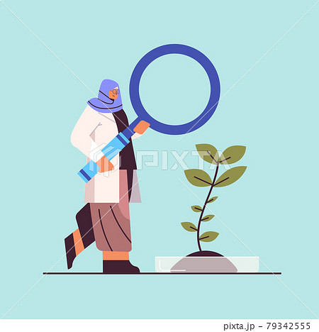 arab scientist working with magnifying glass woman researcher making chemical experiment in laboratory 79342555