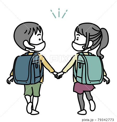 ランドセルを背負うマスクをした小学生の男女イラスト素材のイラスト素材