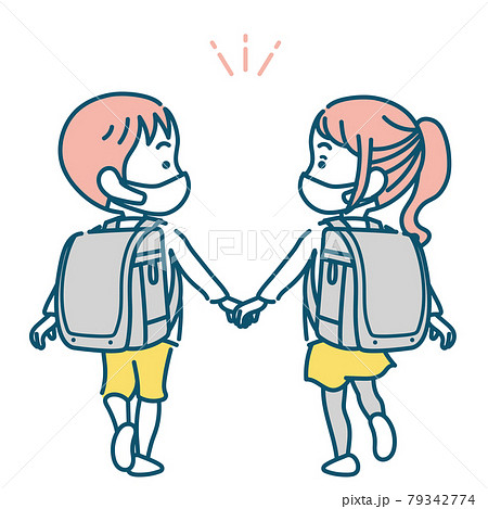 ランドセルを背負うマスクをした小学生の男女イラスト素材のイラスト素材