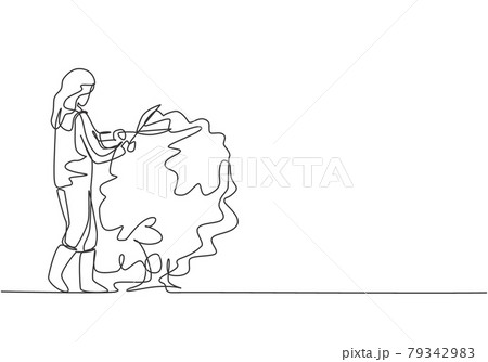 Continuous one line drawing young female farmer cut the leaves on the tree using plant scissors. Farming challenge minimalist concept. Single line draw design vector graphic illustration. 79342983