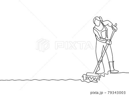 Single continuous line drawing young female farmer leveling the ground using a rake. Start a new planting season. Farming minimalism concept. Dynamic one line draw graphic design vector illustration. Single continuous line drawing young female farmer leveling the ground using a rake. Start a new planting season. Farming minimalism concept. Dynamic one line draw graphic design vector illustration. 79343003