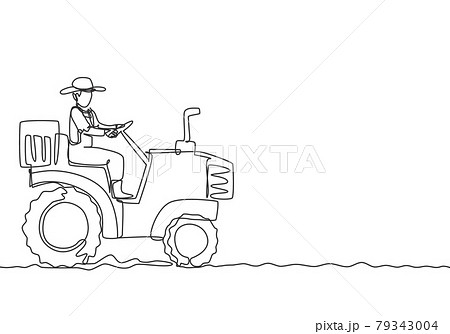 Single continuous line drawing young male farmer drive a tractor to plow the fields. Start a new planting period. Farming minimalism concept. Dynamic one line draw graphic design vector illustration. Single continuous line drawing young male farmer drive a tractor to plow the fields. Start a new planting period. Farming minimalism concept. Dynamic one line draw graphic design vector illustration. 79343004