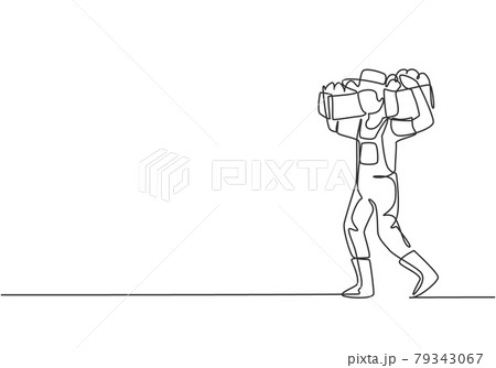 Single one line drawing of young male farmer shouldered the box and basket of fruit on his shoulders. Farming challenge minimal concept. Modern continuous line draw design graphic vector illustration. Single one line drawing of young male farmer shouldered the box and basket of fruit on his shoulders. Farming challenge minimal concept. Modern continuous line draw design graphic vector illustration. 79343067