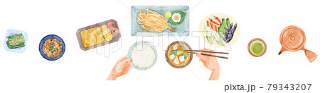 日本の朝食（和食）手描き水彩風イラスト 79343207